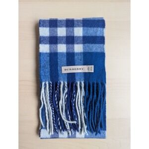 Burberry 100% Cashmere Made In Ireland Narrow Blue Tartan Plaid Scarf